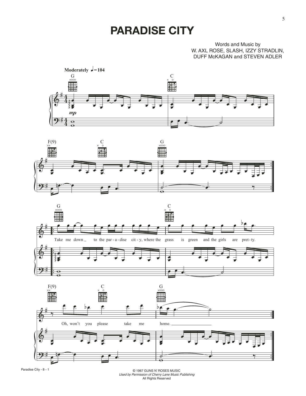 Download Tom Cruise Paradise City (from Rock Of Ages) Sheet Music and learn how to play Piano, Vocal & Guitar Chords (Right-Hand Melody) PDF digital score in minutes