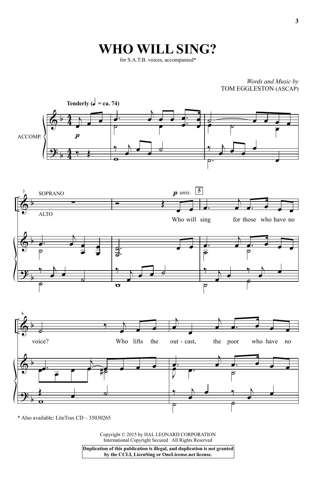 Download Tom Eggleston Who Will Sing? Sheet Music and learn how to play SATB PDF digital score in minutes