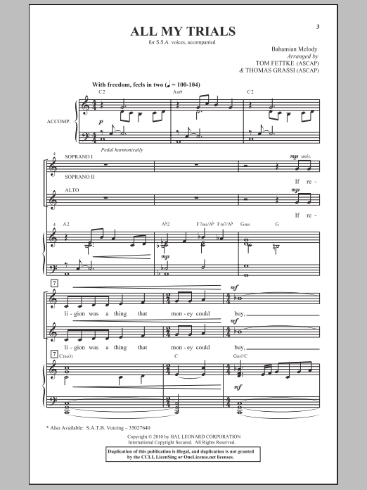 Download Tom Fettke All My Trials Sheet Music and learn how to play SSA Choir PDF digital score in minutes