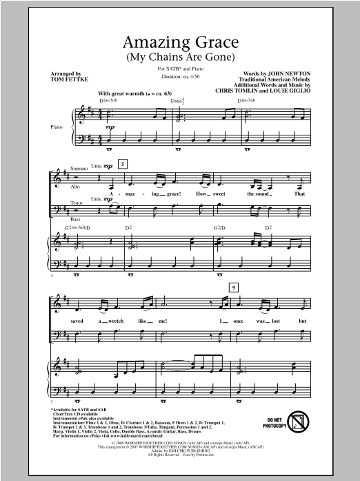 Download Tom Fettke Amazing Grace (My Chains Are Gone) Sheet Music and learn how to play SATB PDF digital score in minutes