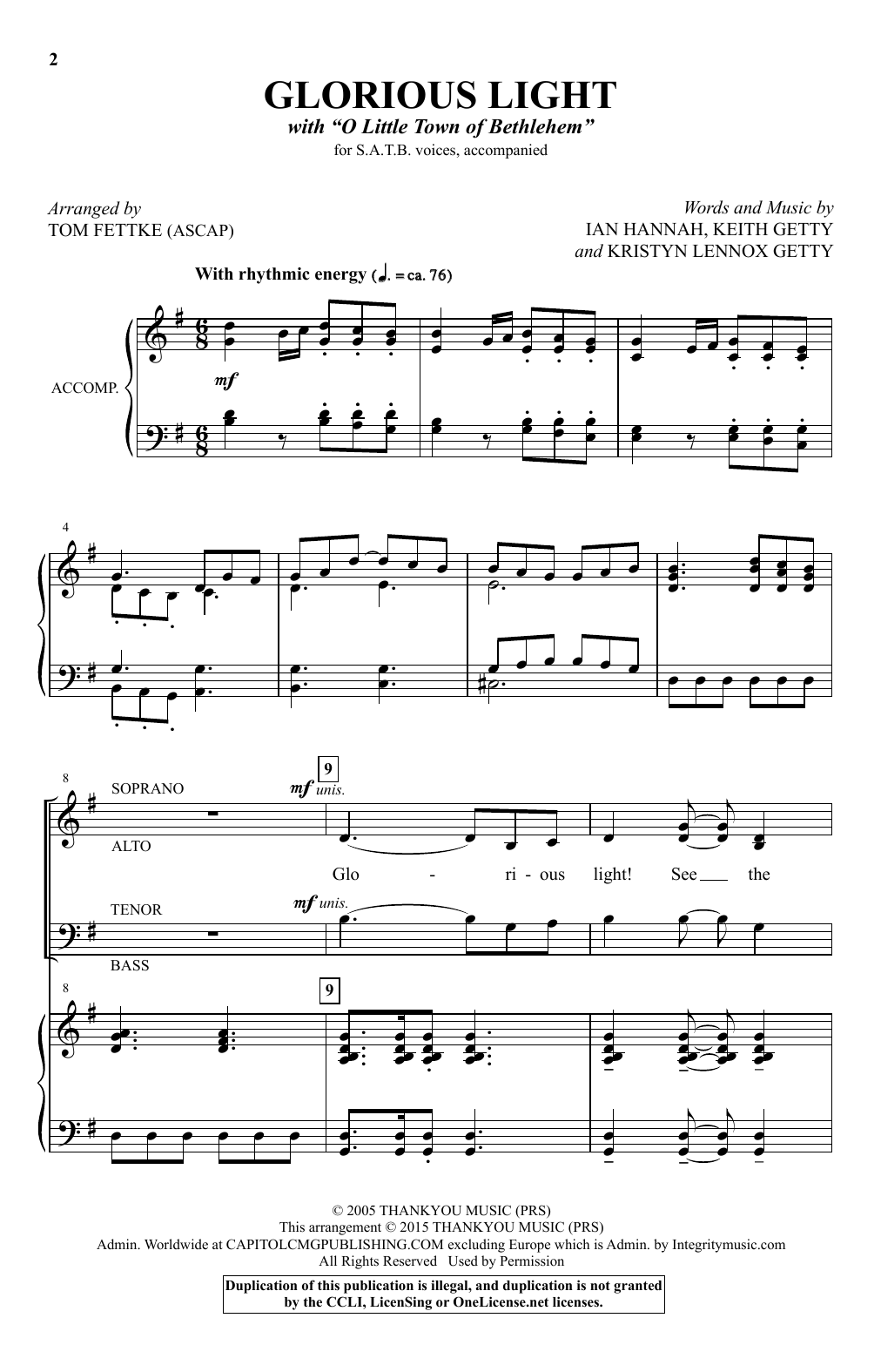 Download Kristyn Getty Glorious Light (arr. Tom Fettke) Sheet Music and learn how to play SATB PDF digital score in minutes
