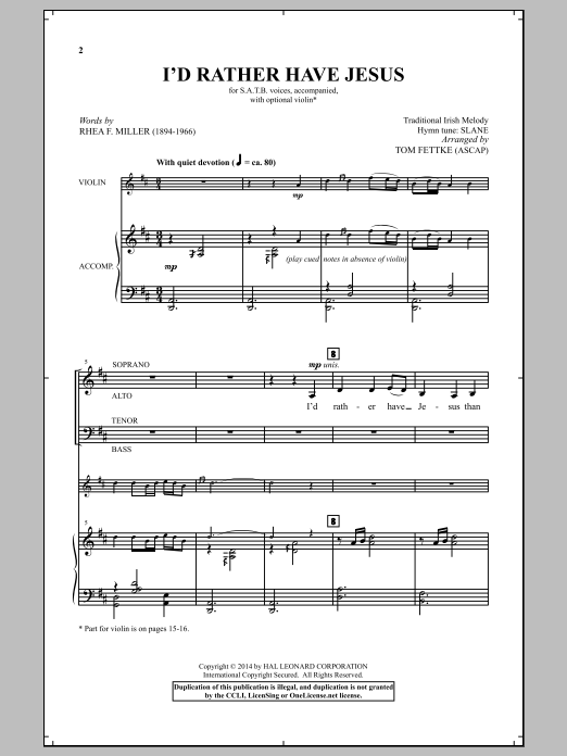 Download Tom Fettke I'd Rather Have Jesus Sheet Music and learn how to play SATB PDF digital score in minutes