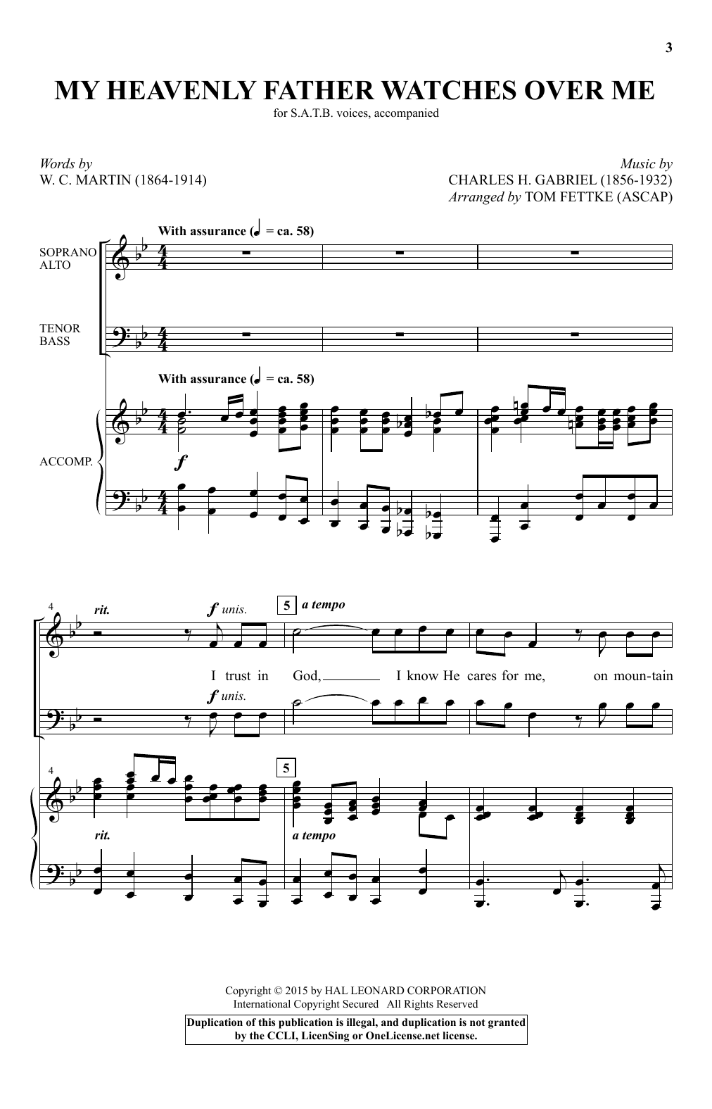 Download Tom Fettke My Heavenly Father Watches Over Me Sheet Music and learn how to play SATB PDF digital score in minutes