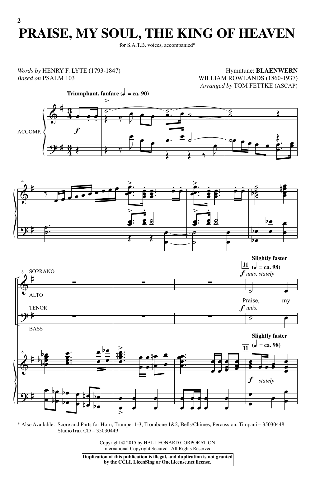 Download William Rowlands Praise, My Soul, The King Of Heaven (arr. Tom Fettke) Sheet Music and learn how to play SATB PDF digital score in minutes