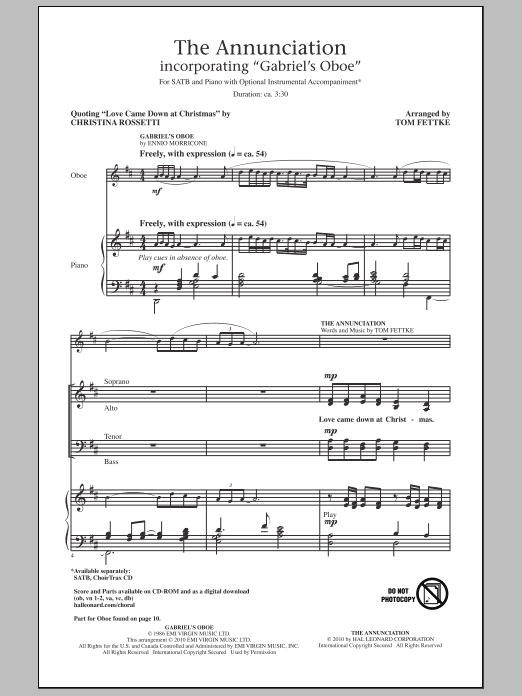 Download Tom Fettke The Annunciation (incorporating Gabriel's Oboe) Sheet Music and learn how to play SATB Choir PDF digital score in minutes