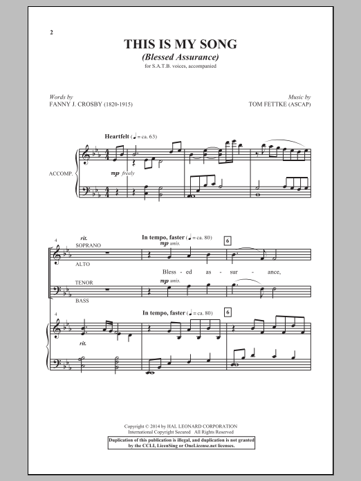 Download Tom Fettke This Is My Song (Blessed Assurance) Sheet Music and learn how to play SATB PDF digital score in minutes