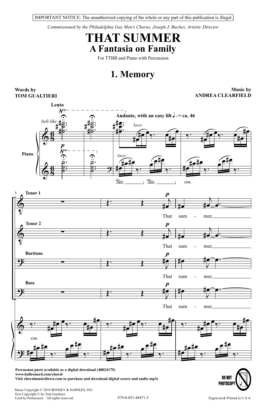Download Tom Gualtieri & Andrea Clearfield That Summer: A Fantasia On Family Sheet Music and learn how to play TTBB Choir PDF digital score in minutes