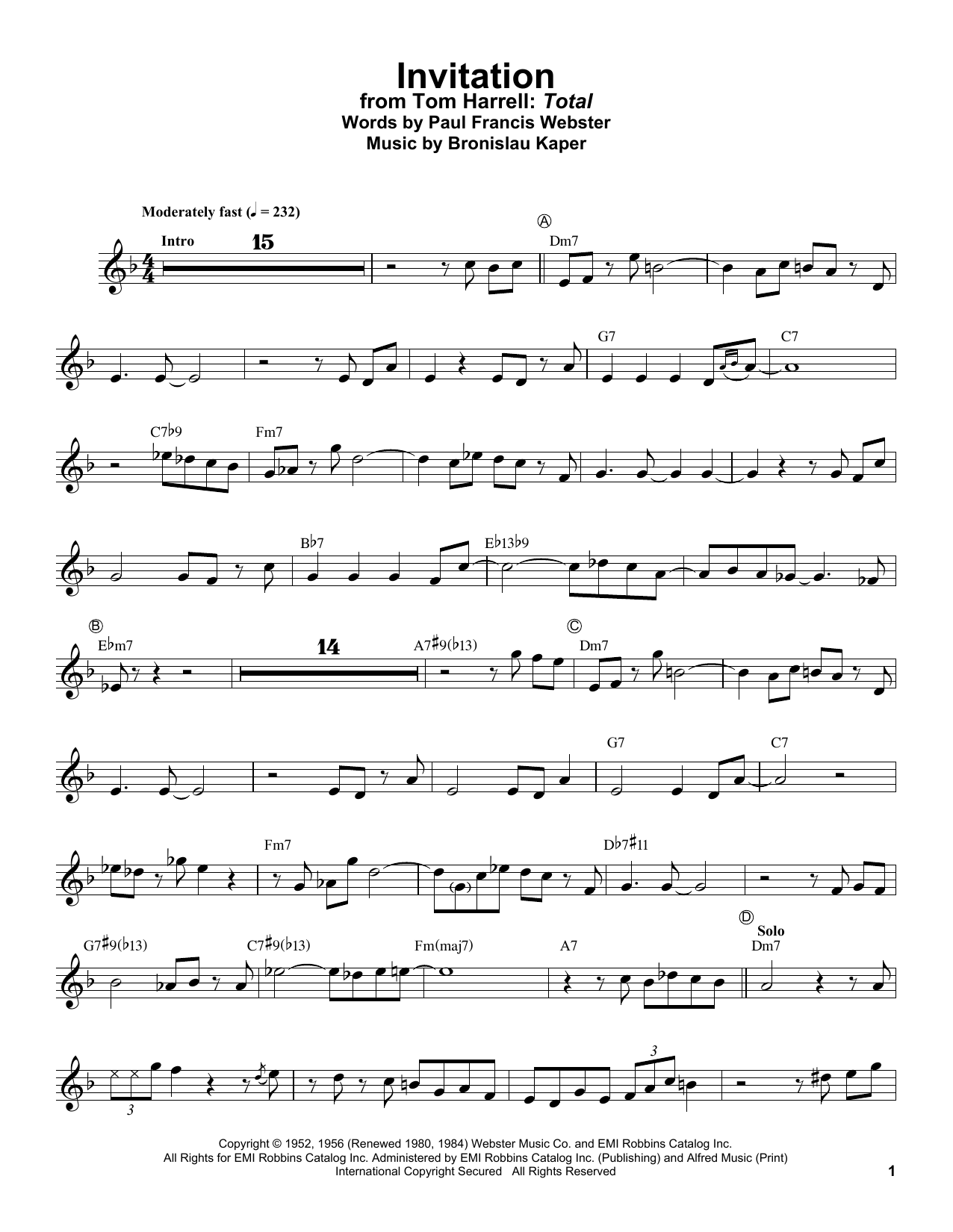 Download Bronislau Kaper Invitation Sheet Music and learn how to play Trumpet Transcription PDF digital score in minutes