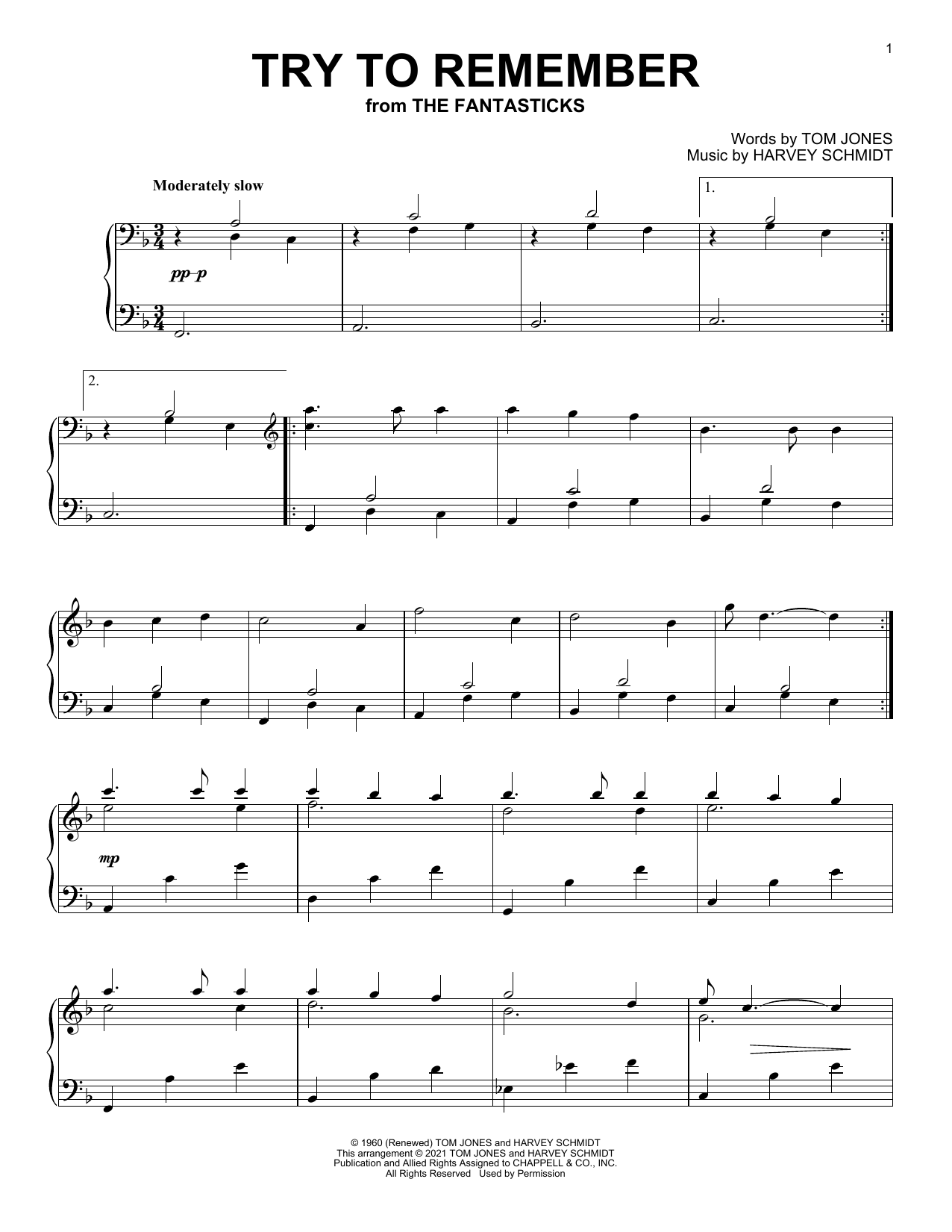 Download Tom Jones Try To Remember (from The Fantasticks) Sheet Music and learn how to play Piano Solo PDF digital score in minutes