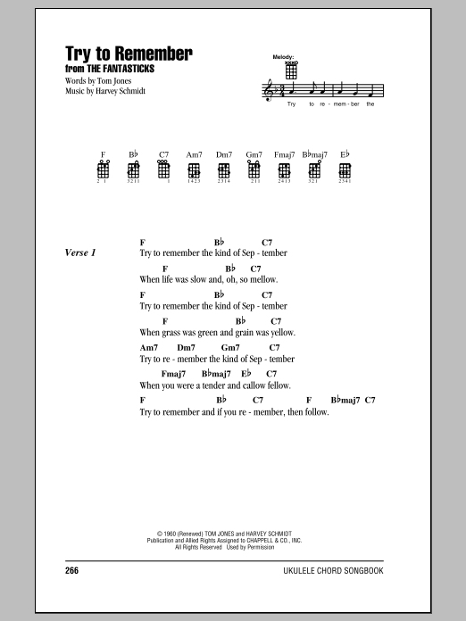 Download Tom Jones Try To Remember Sheet Music and learn how to play Ukulele with strumming patterns PDF digital score in minutes