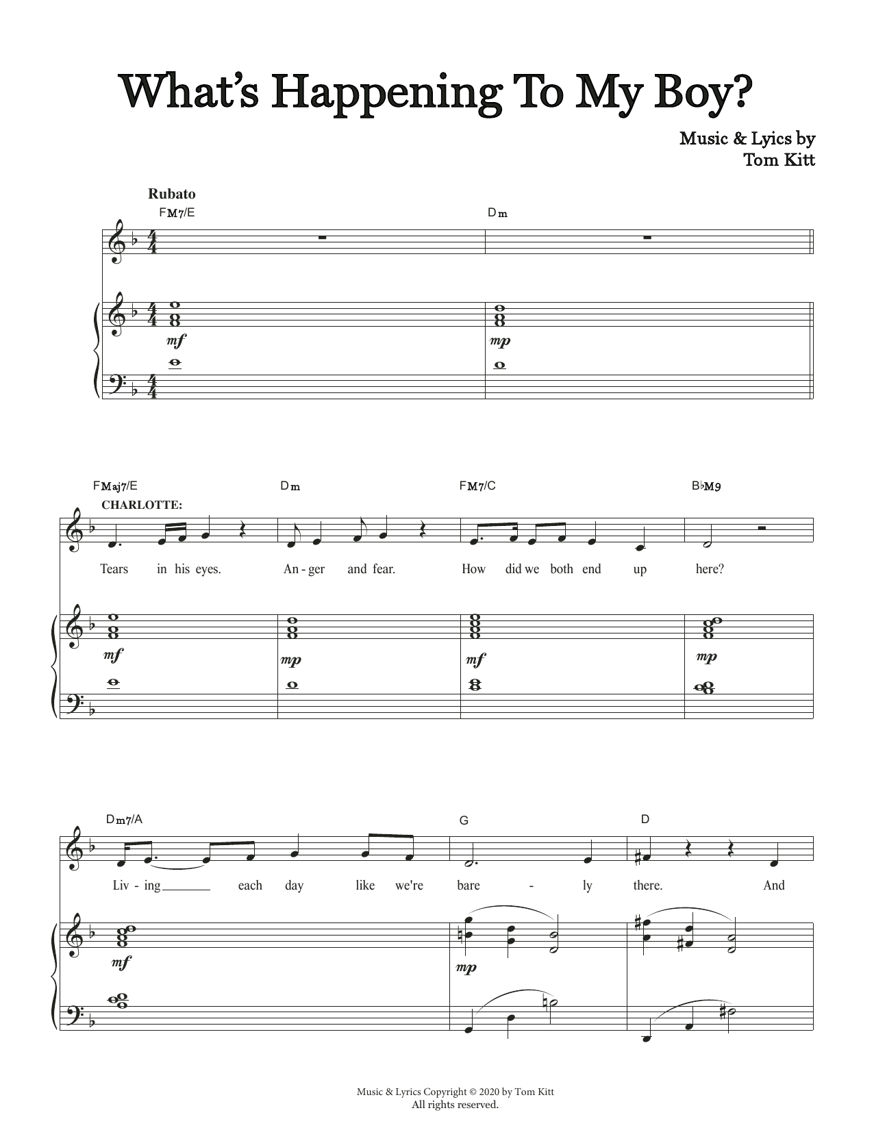 Download Tom Kitt What's Happening To My Boy (from the musical Superhero) Sheet Music and learn how to play Piano & Vocal PDF digital score in minutes