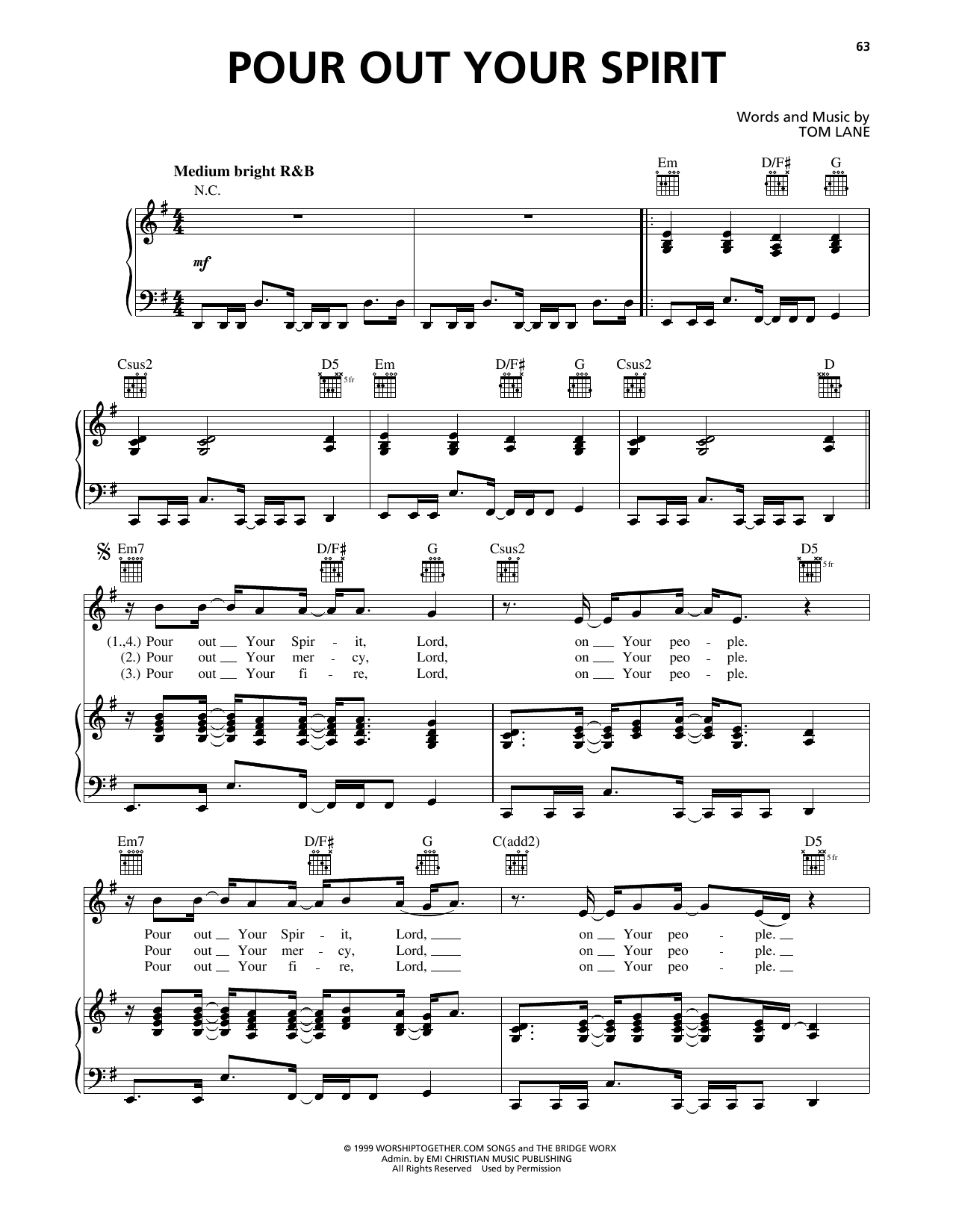 Download Tom Lane Pour Out Your Spirit Sheet Music and learn how to play Piano, Vocal & Guitar Chords (Right-Hand Melody) PDF digital score in minutes
