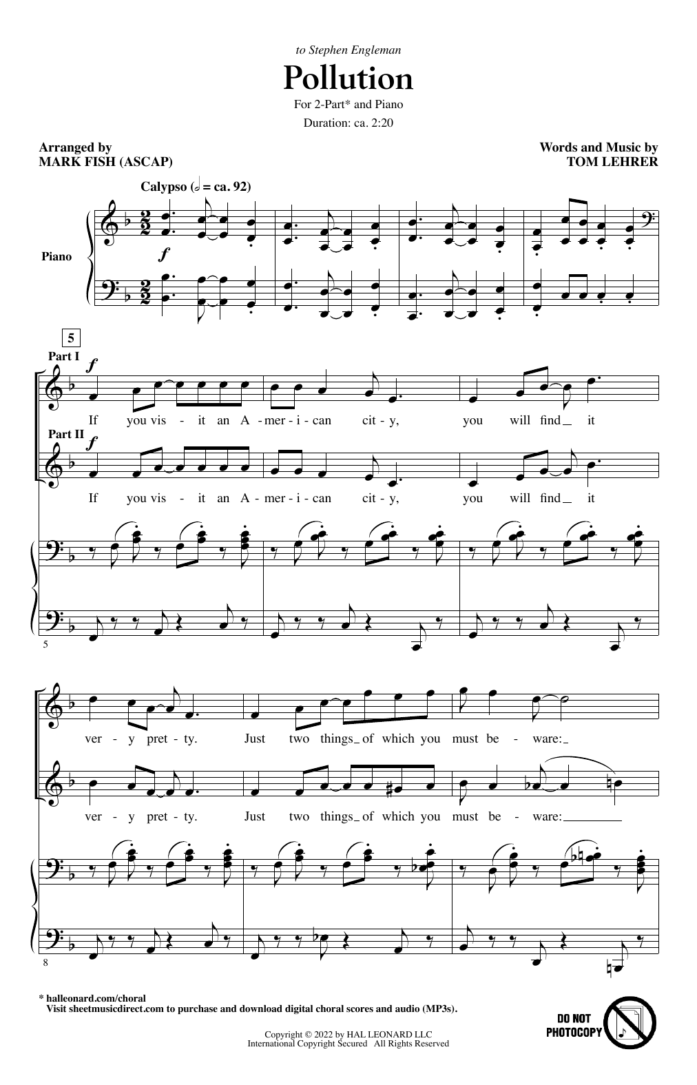 Download Tom Lehrer Pollution (arr. Mark Fish) Sheet Music and learn how to play 2-Part Choir PDF digital score in minutes
