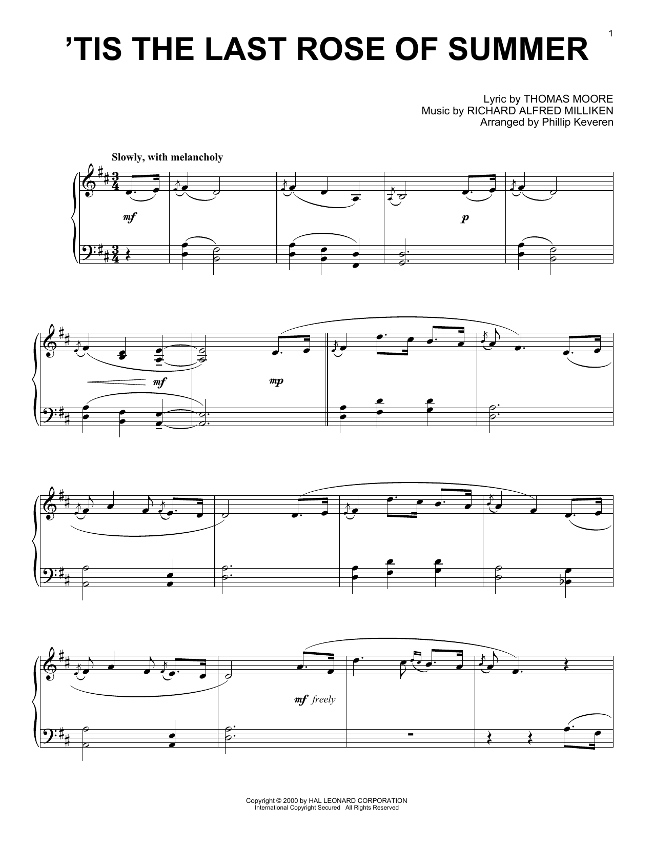 Download Tom Moore 'Tis The Last Rose Of Summer (arr. Phillip Keveren) Sheet Music and learn how to play Piano Solo PDF digital score in minutes