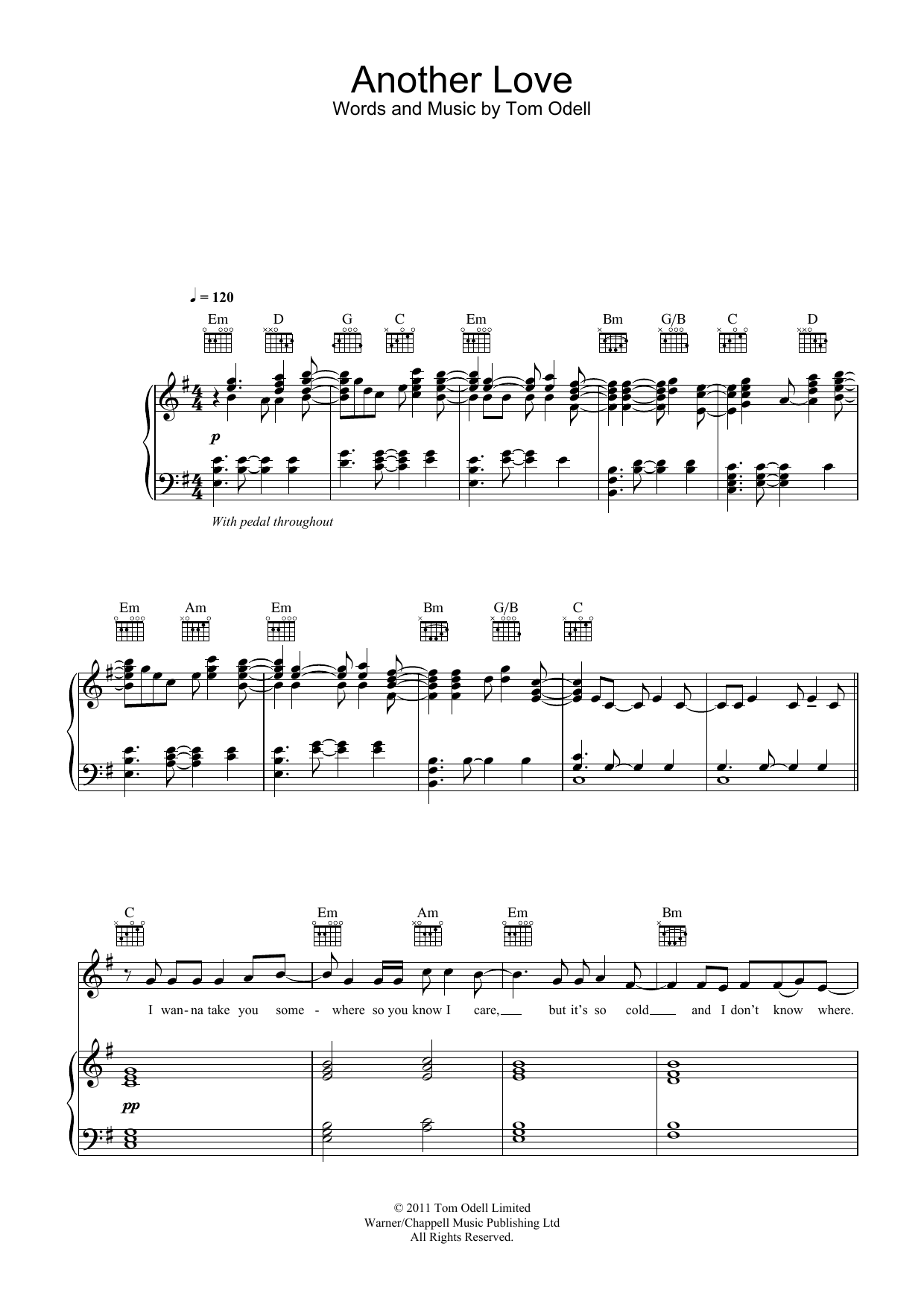Download Tom Odell Another Love Sheet Music and learn how to play Piano, Vocal & Guitar Chords (Right-Hand Melody) PDF digital score in minutes