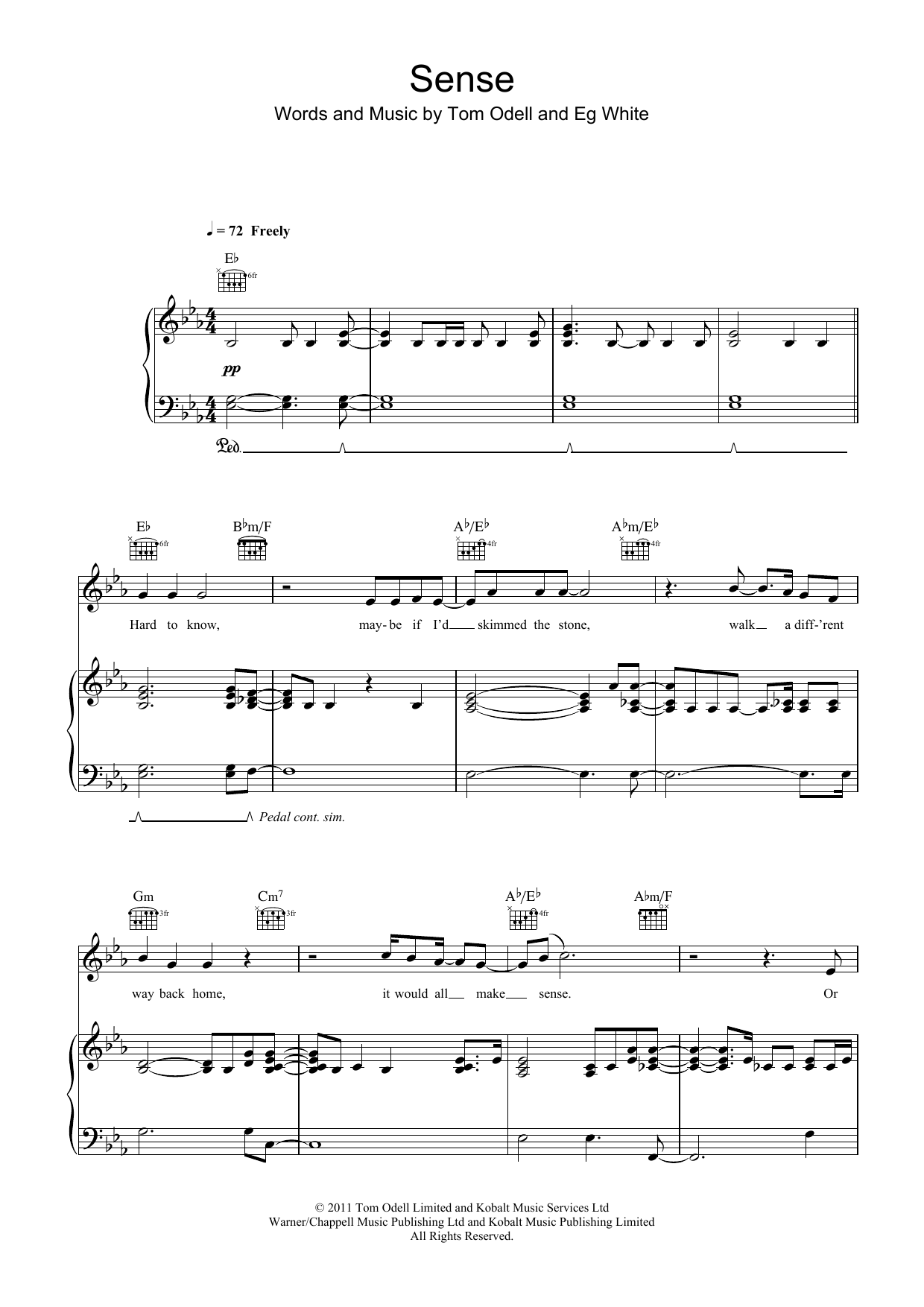 Download Tom Odell Sense Sheet Music and learn how to play Piano, Vocal & Guitar (Right-Hand Melody) PDF digital score in minutes