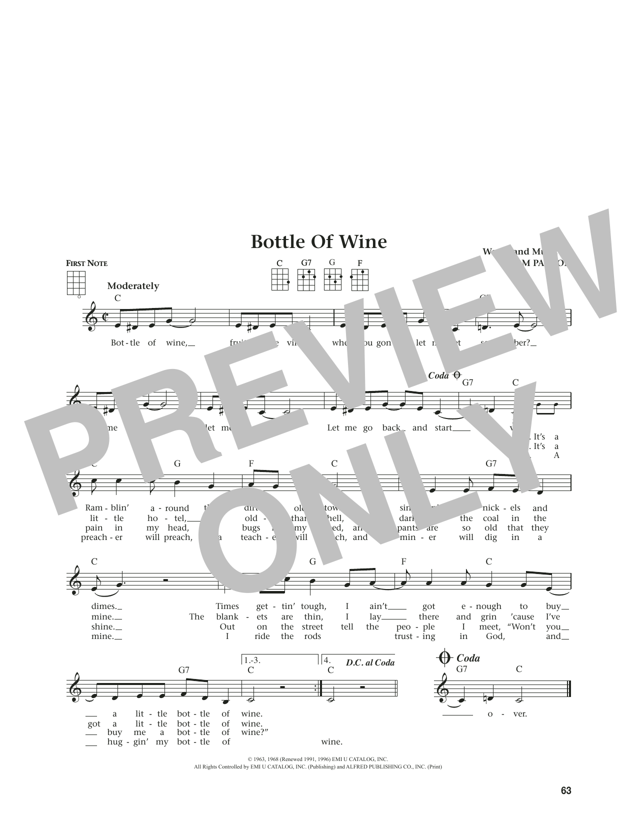 Download Tom Paxton Bottle Of Wine (from The Daily Ukulele) (arr. Jim Beloff) Sheet Music and learn how to play Ukulele PDF digital score in minutes