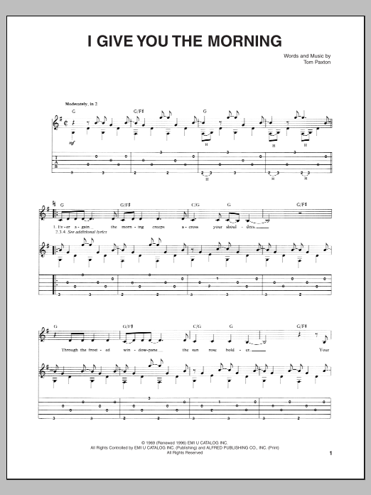 Download Tom Paxton I Give You The Morning Sheet Music and learn how to play Guitar Tab PDF digital score in minutes