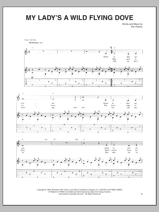 Download Tom Paxton My Lady's A Wild Flying Dove Sheet Music and learn how to play Guitar Tab PDF digital score in minutes