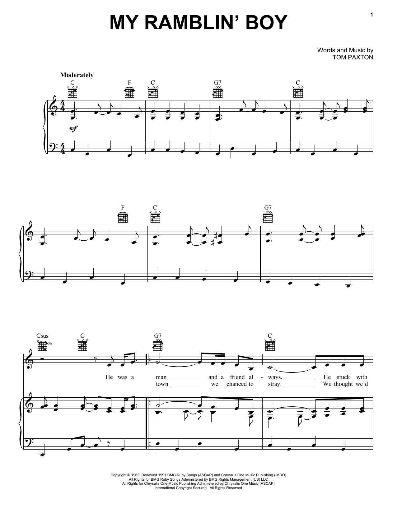 Download Tom Paxton My Ramblin' Boy Sheet Music and learn how to play Piano, Vocal & Guitar (Right-Hand Melody) PDF digital score in minutes