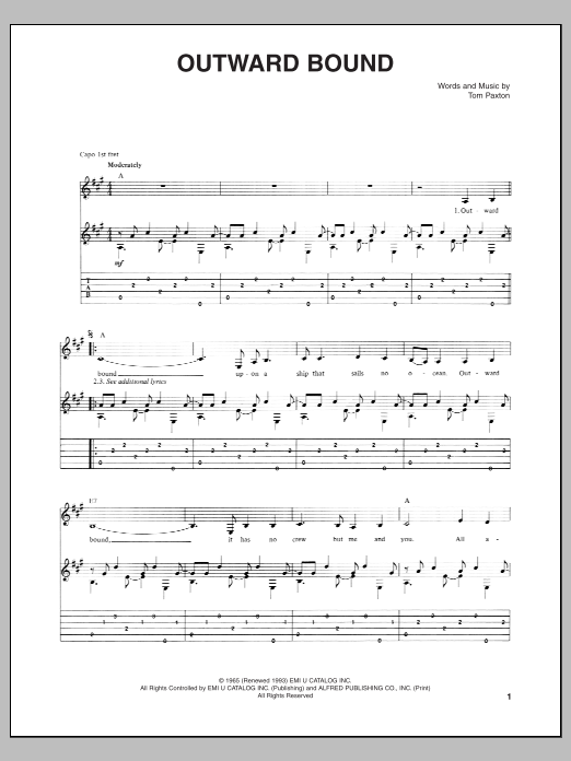 Download Tom Paxton Outward Bound Sheet Music and learn how to play Guitar Tab PDF digital score in minutes