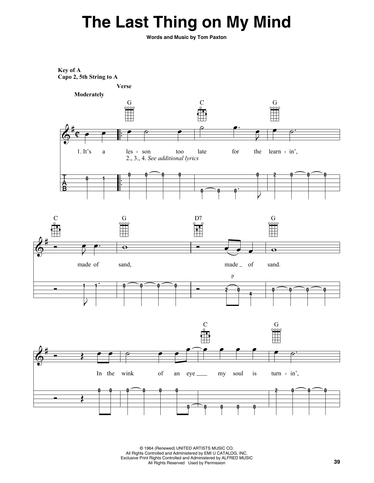 Download Tom Paxton The Last Thing On My Mind (arr. Fred Sokolow) Sheet Music and learn how to play Banjo Tab PDF digital score in minutes