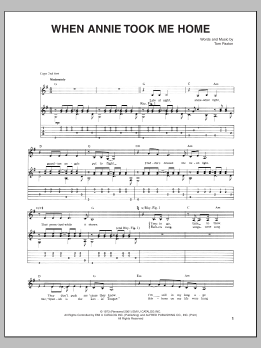 Download Tom Paxton When Annie Took Me Home Sheet Music and learn how to play Guitar Tab PDF digital score in minutes