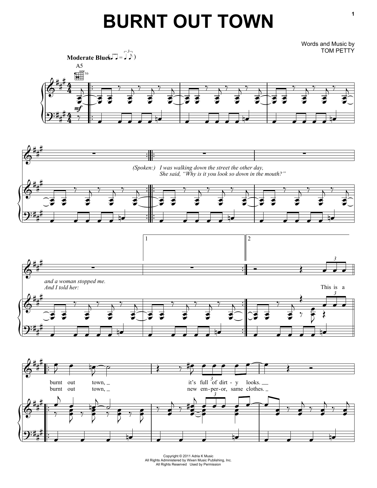 Download Tom Petty & the Heartbreakers Burnt Out Town Sheet Music and learn how to play Piano, Vocal & Guitar (Right-Hand Melody) PDF digital score in minutes