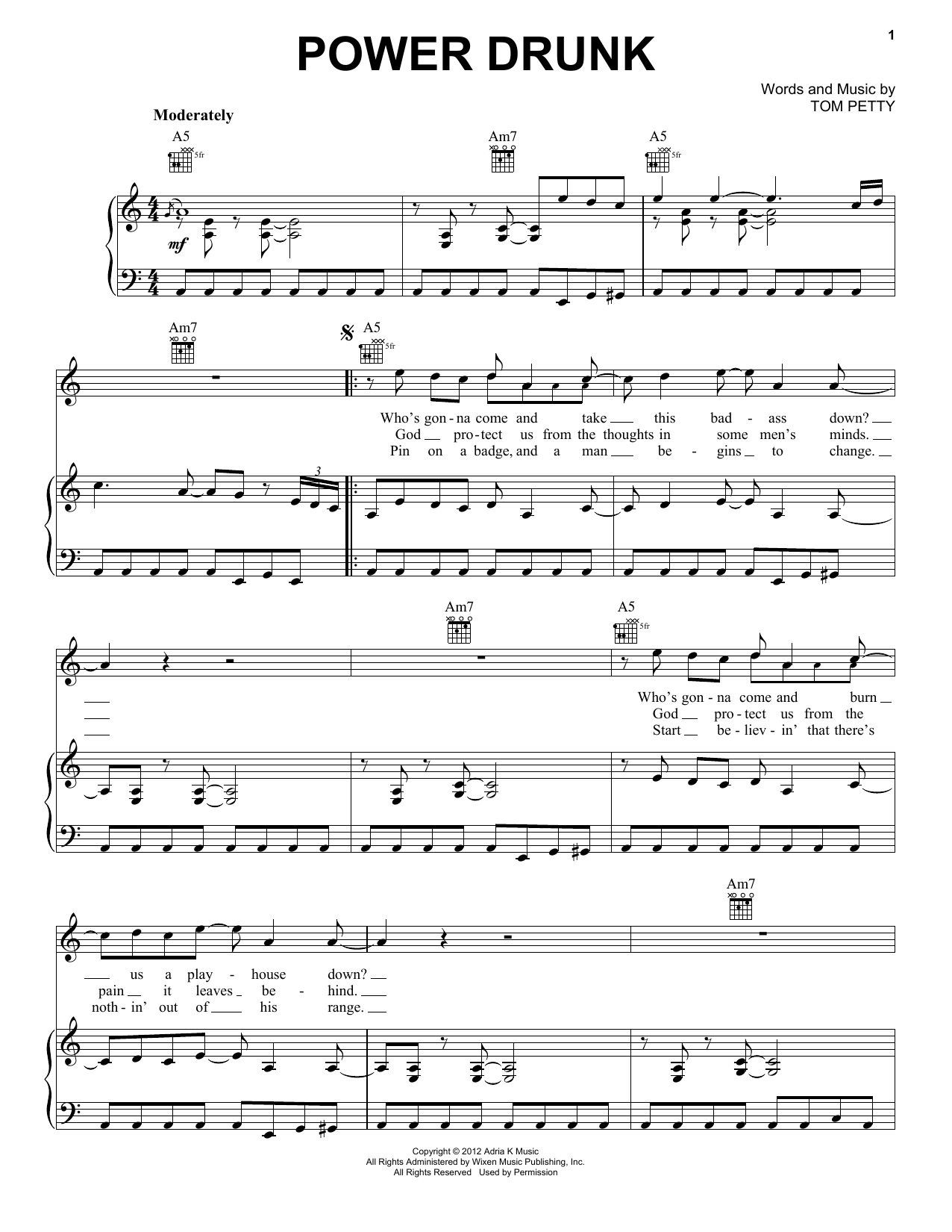 Download Tom Petty & the Heartbreakers Power Drunk Sheet Music and learn how to play Piano, Vocal & Guitar (Right-Hand Melody) PDF digital score in minutes