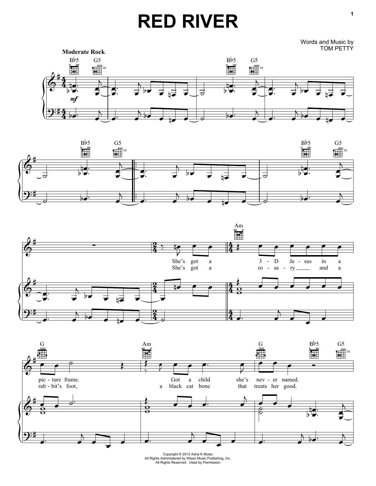 Download Tom Petty & the Heartbreakers Red River Sheet Music and learn how to play Piano, Vocal & Guitar (Right-Hand Melody) PDF digital score in minutes