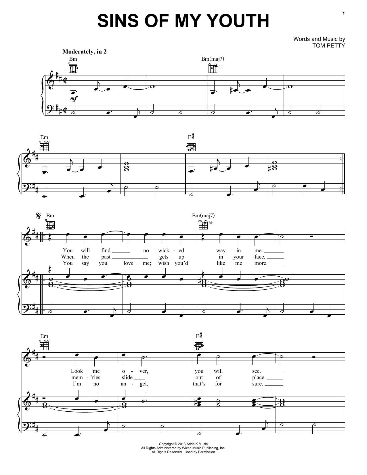 Download Tom Petty & the Heartbreakers Sins Of My Youth Sheet Music and learn how to play Piano, Vocal & Guitar (Right-Hand Melody) PDF digital score in minutes