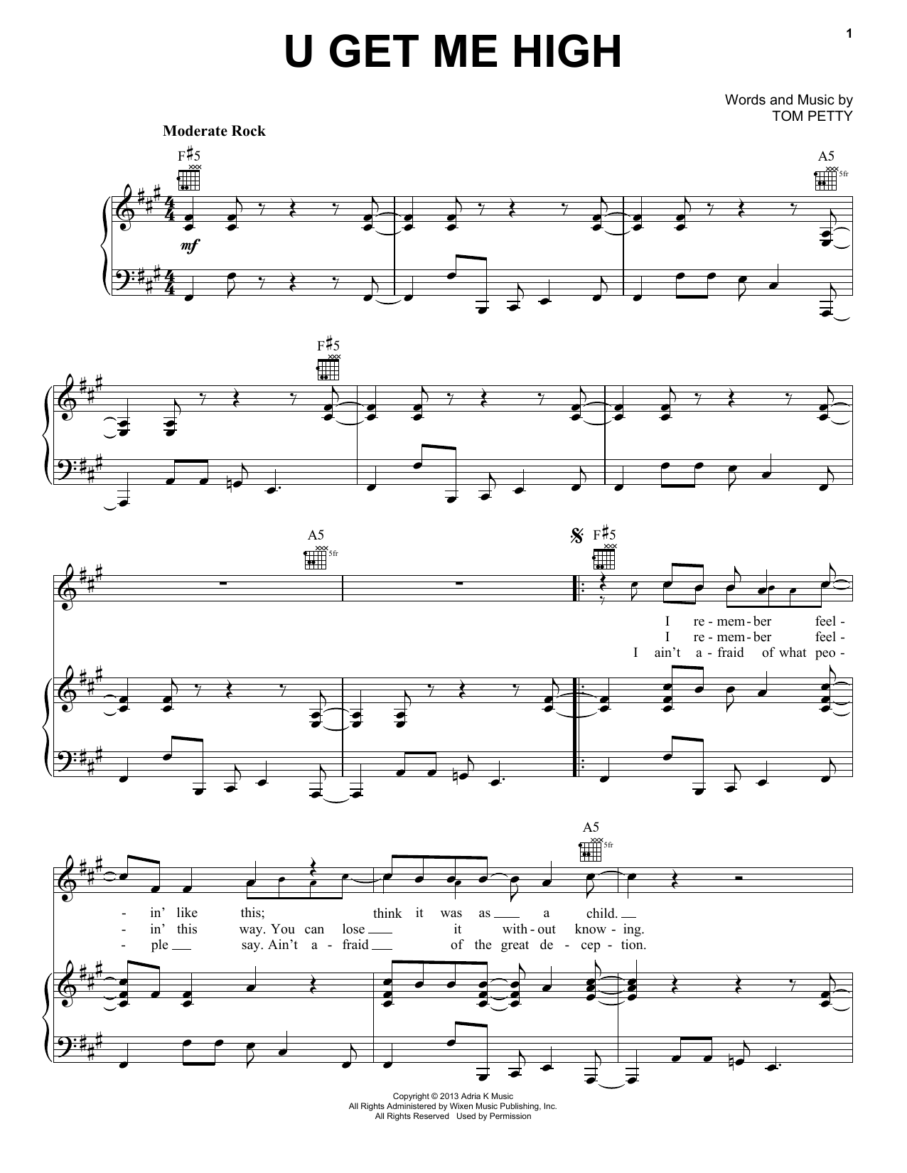 Download Tom Petty & the Heartbreakers U Get Me High Sheet Music and learn how to play Piano, Vocal & Guitar (Right-Hand Melody) PDF digital score in minutes