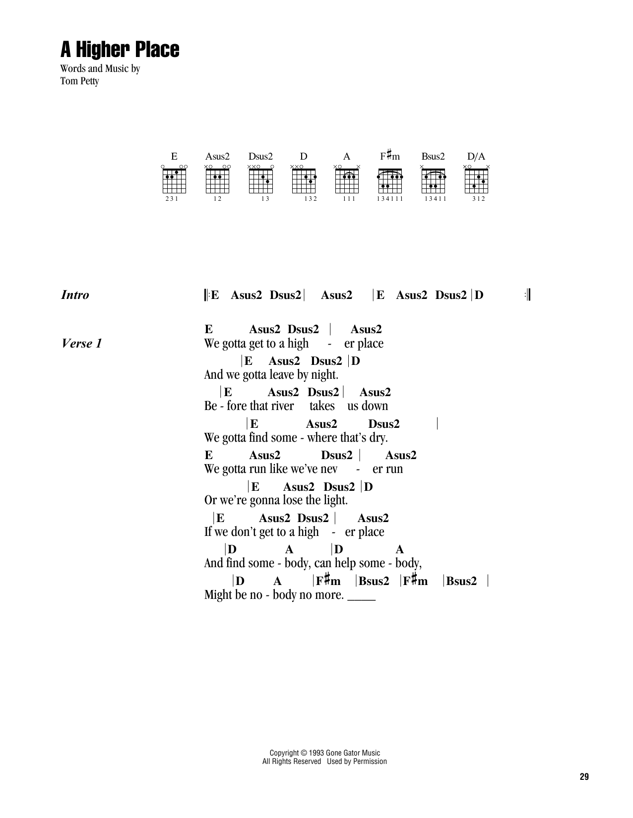 Download Tom Petty A Higher Place Sheet Music and learn how to play Guitar Chords/Lyrics PDF digital score in minutes