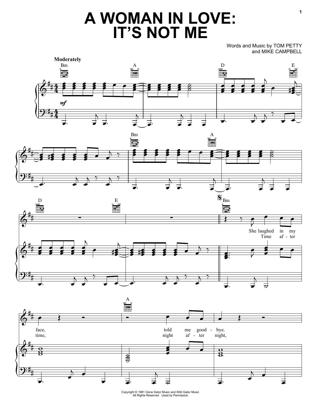 Download Tom Petty A Woman In Love: It's Not Me Sheet Music and learn how to play Piano, Vocal & Guitar (Right-Hand Melody) PDF digital score in minutes