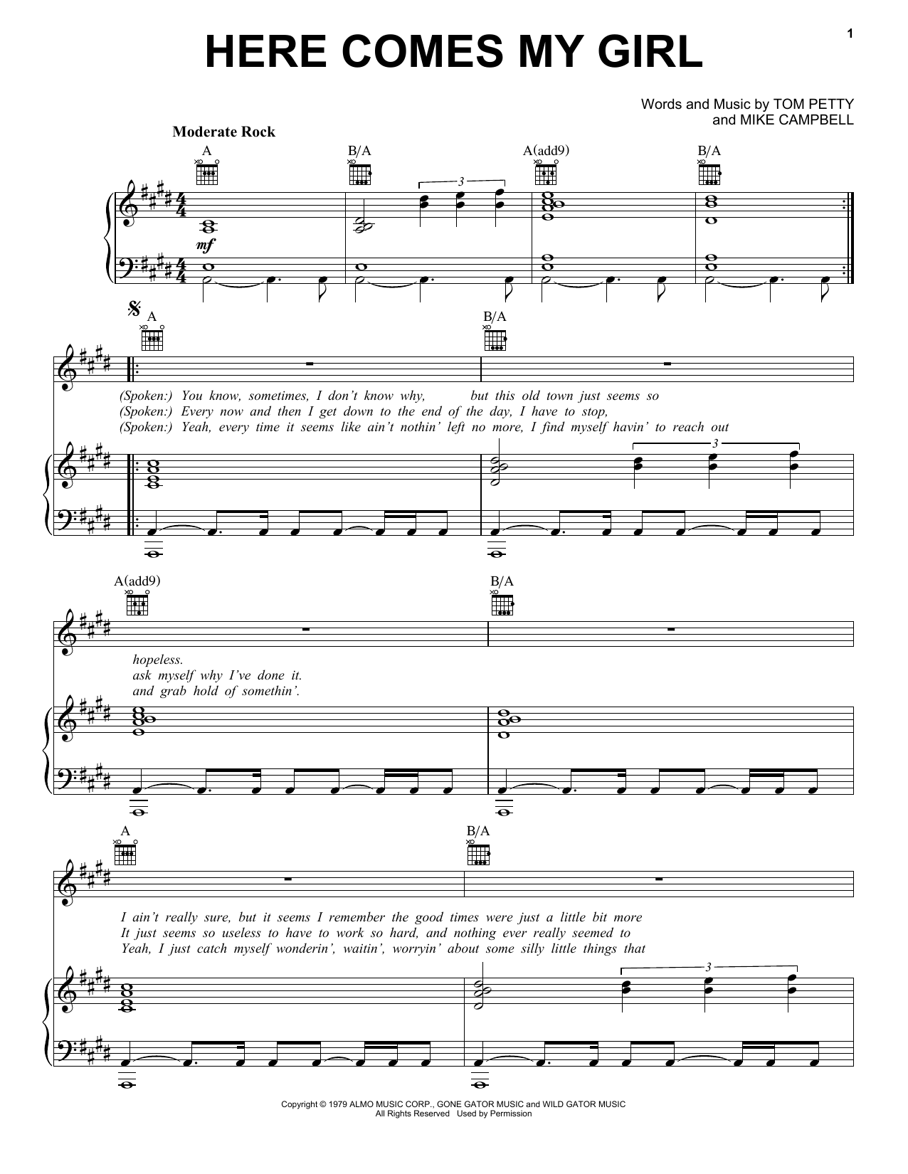 Download Tom Petty And The Heartbreakers Here Comes My Girl Sheet Music and learn how to play Guitar with strumming patterns PDF digital score in minutes