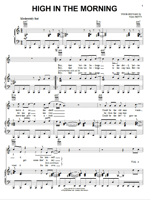 Download Tom Petty And The Heartbreakers High In The Morning Sheet Music and learn how to play Piano, Vocal & Guitar (Right-Hand Melody) PDF digital score in minutes