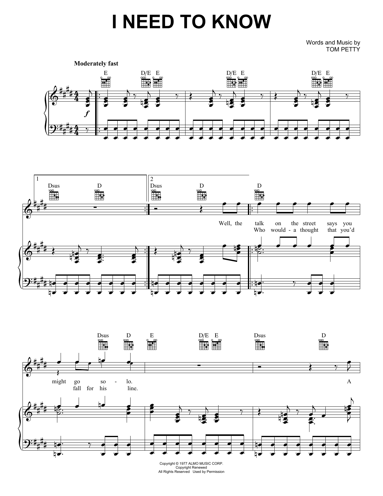Download Tom Petty And The Heartbreakers I Need To Know Sheet Music and learn how to play Guitar Tab PDF digital score in minutes