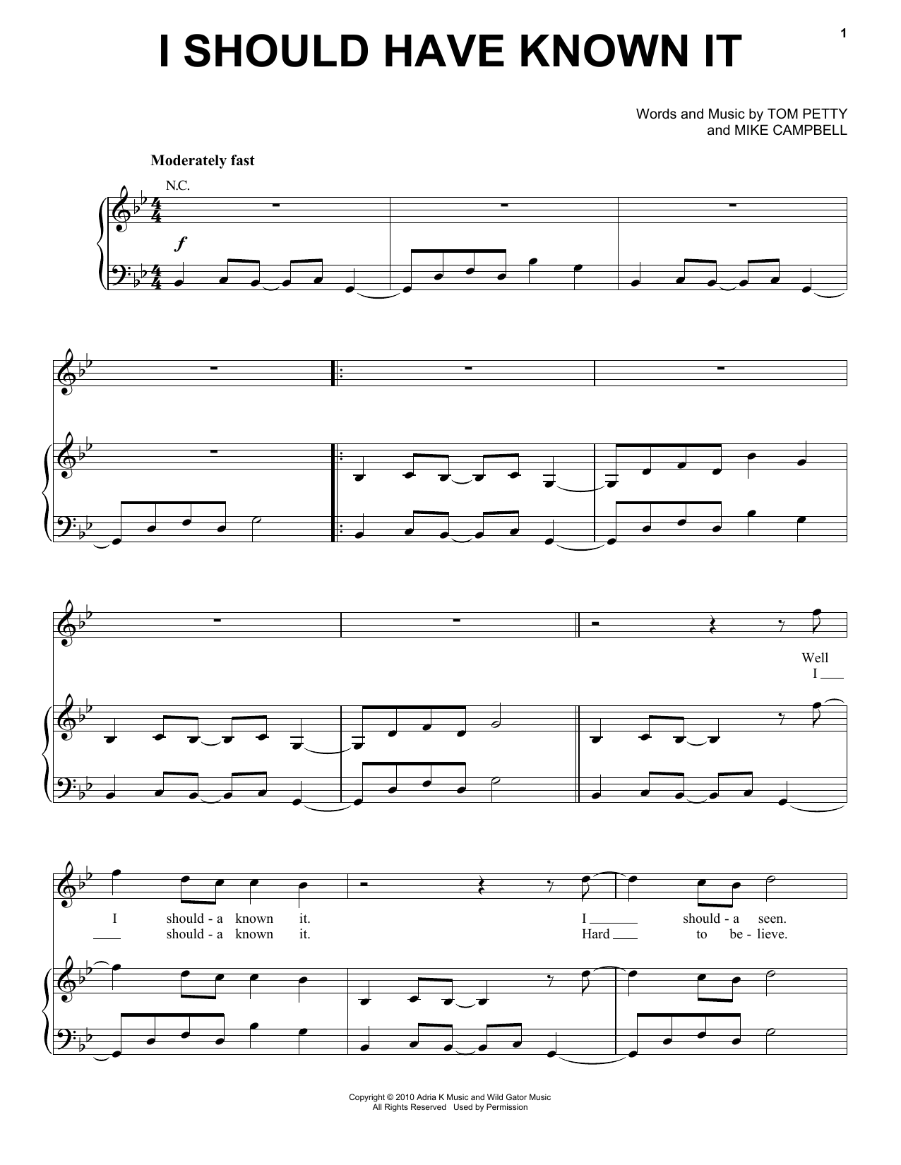 Download Tom Petty And The Heartbreakers I Should Have Known It Sheet Music and learn how to play Piano, Vocal & Guitar (Right-Hand Melody) PDF digital score in minutes