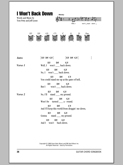 Download Tom Petty And The Heartbreakers I Won't Back Down Sheet Music and learn how to play Lyrics & Chords PDF digital score in minutes