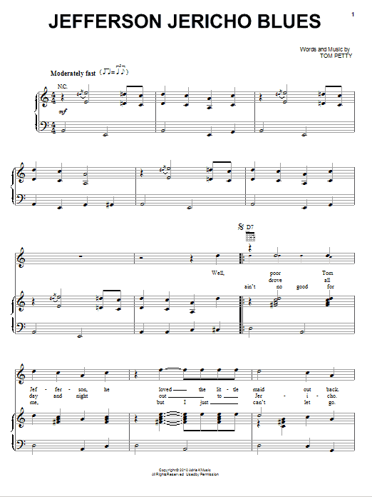 Download Tom Petty And The Heartbreakers Jefferson Jericho Blues Sheet Music and learn how to play Piano, Vocal & Guitar (Right-Hand Melody) PDF digital score in minutes