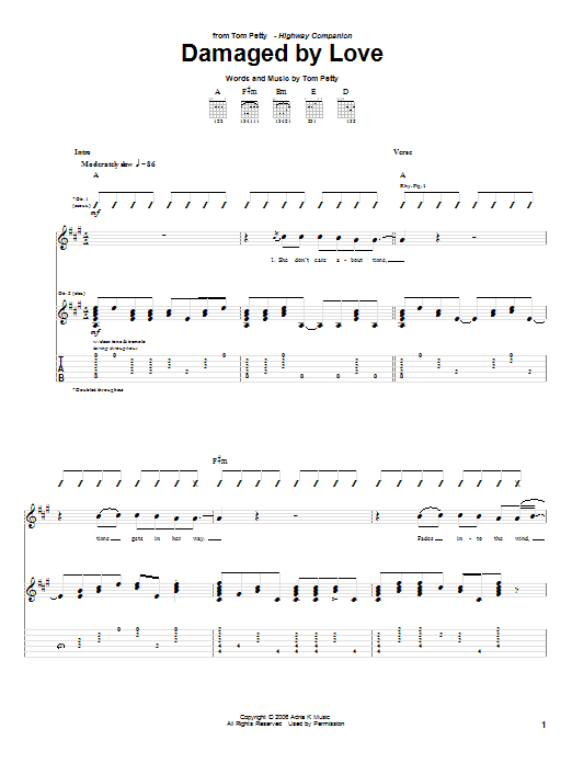 Download Tom Petty Damaged By Love Sheet Music and learn how to play Guitar Tab PDF digital score in minutes