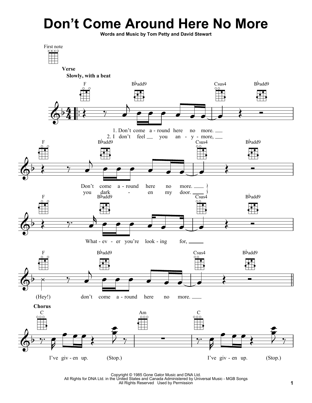 Download Tom Petty Don't Come Around Here No More Sheet Music and learn how to play Ukulele PDF digital score in minutes