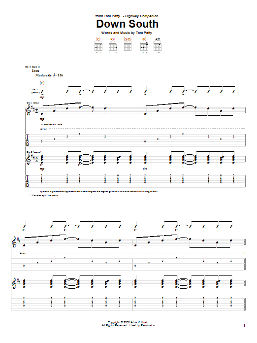 Download Tom Petty Down South Sheet Music and learn how to play Guitar Tab PDF digital score in minutes