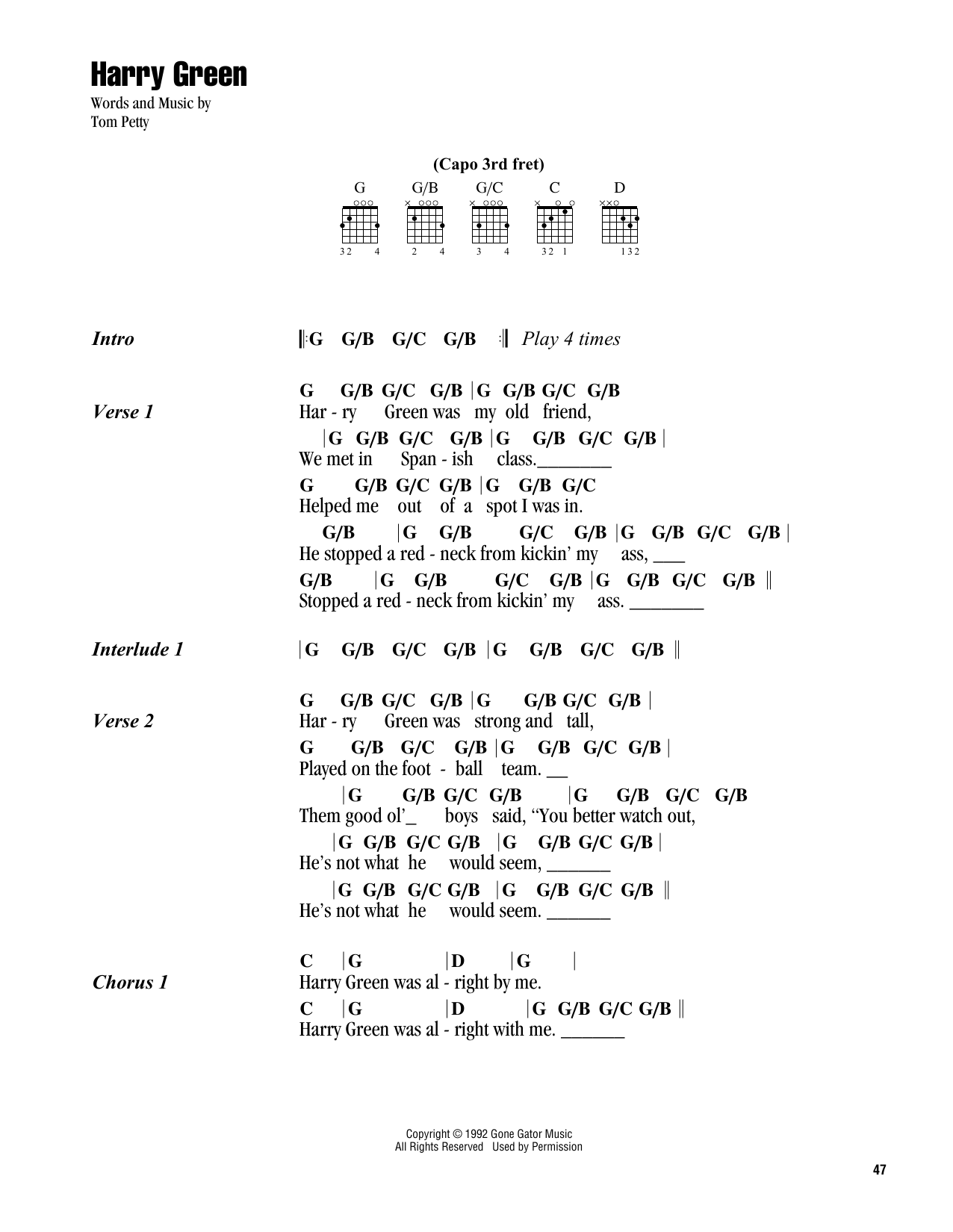 Download Tom Petty Harry Green Sheet Music and learn how to play Guitar Chords/Lyrics PDF digital score in minutes
