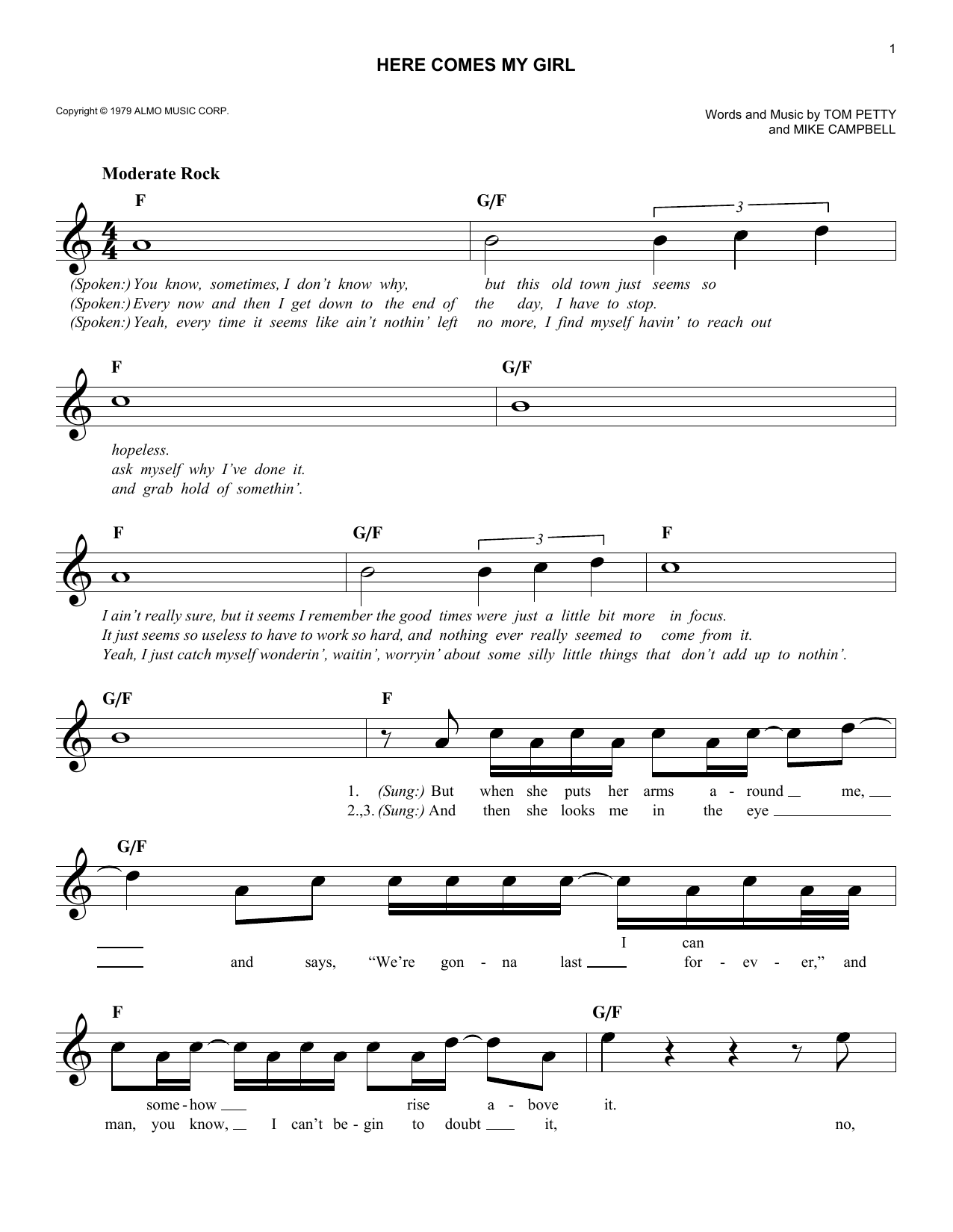 Download Tom Petty Here Comes My Girl Sheet Music and learn how to play Melody Line, Lyrics & Chords PDF digital score in minutes