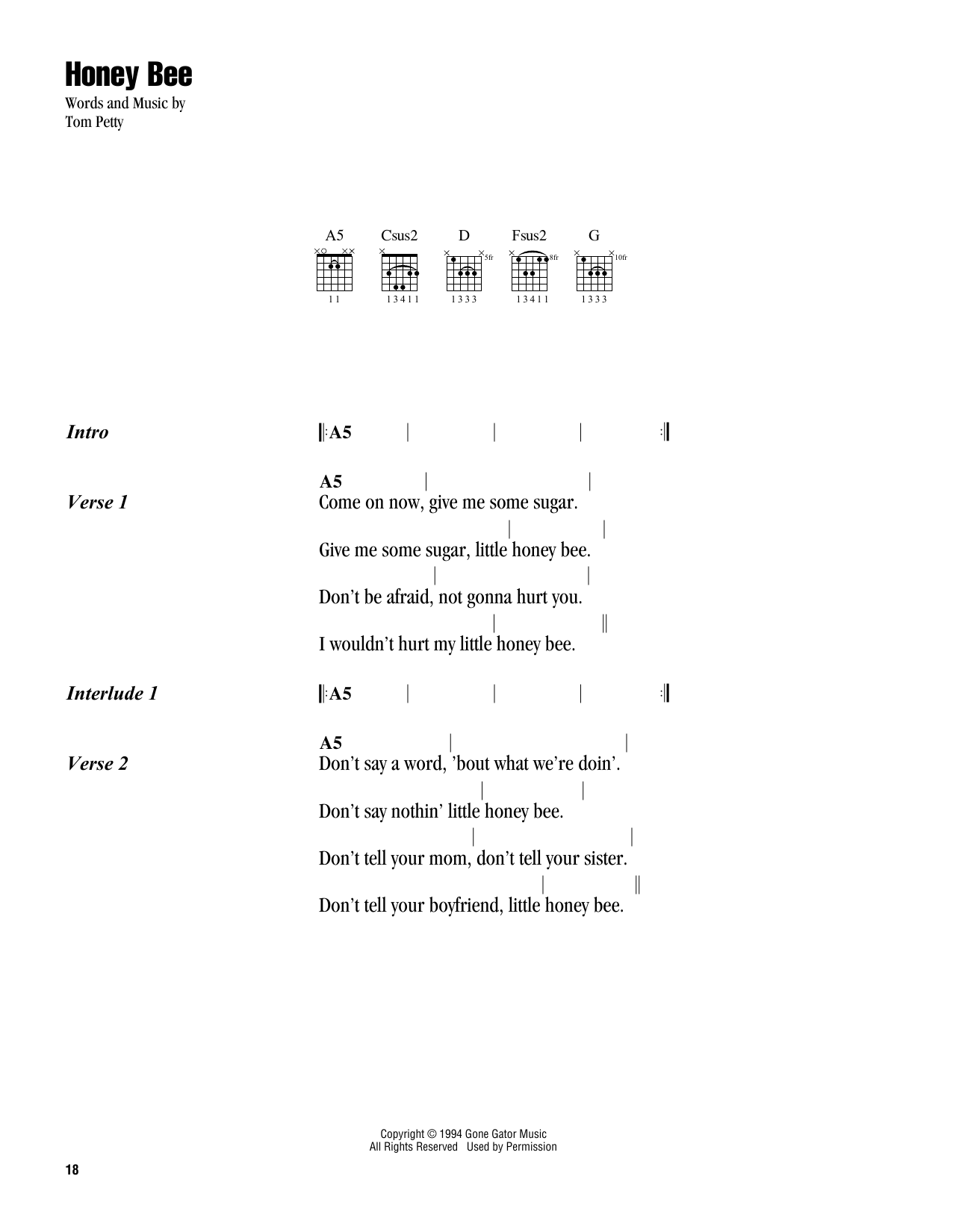 Download Tom Petty Honey Bee Sheet Music and learn how to play Guitar Chords/Lyrics PDF digital score in minutes