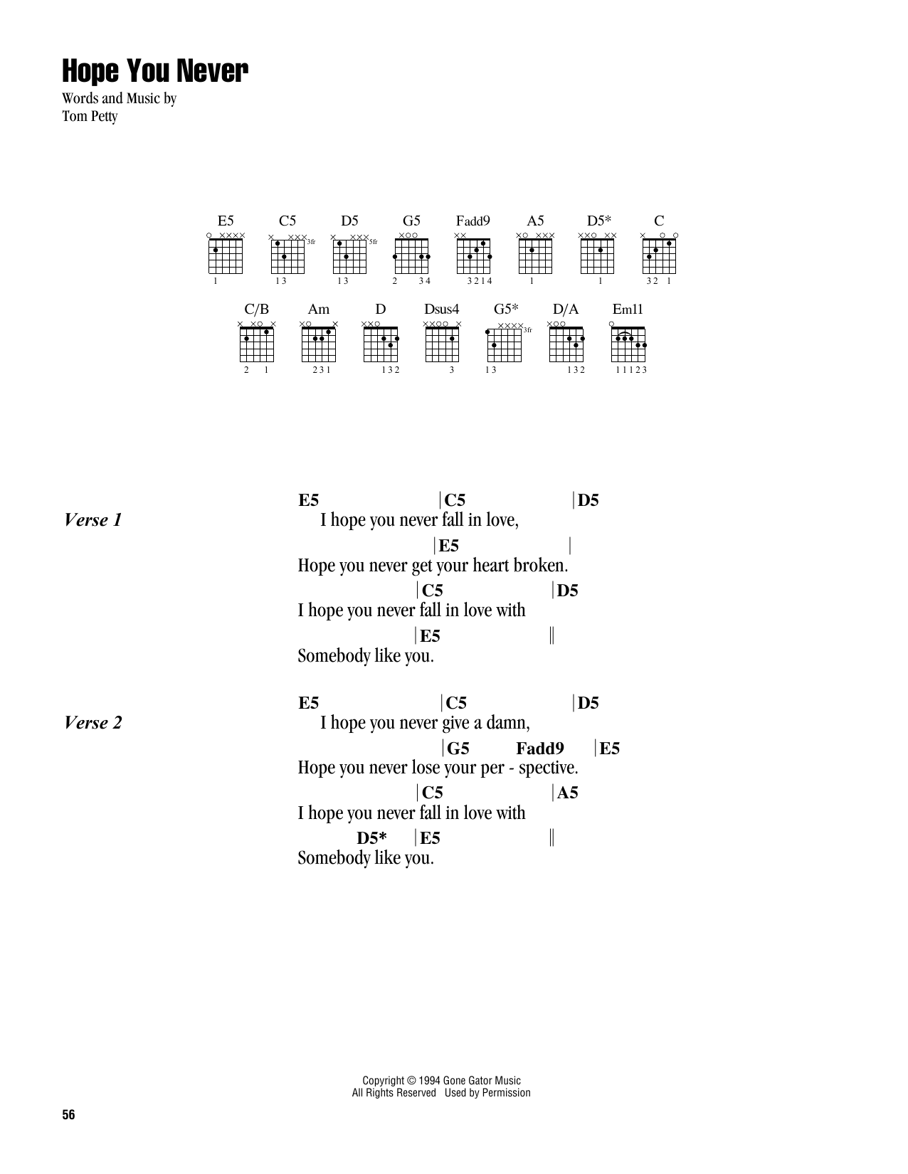 Download Tom Petty Hope You Never Sheet Music and learn how to play Guitar Chords/Lyrics PDF digital score in minutes
