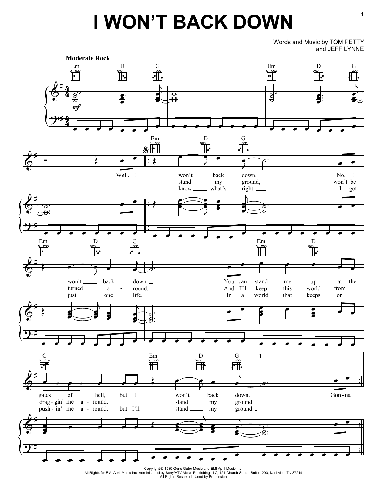Download Tom Petty I Won't Back Down Sheet Music and learn how to play Guitar Lead Sheet PDF digital score in minutes