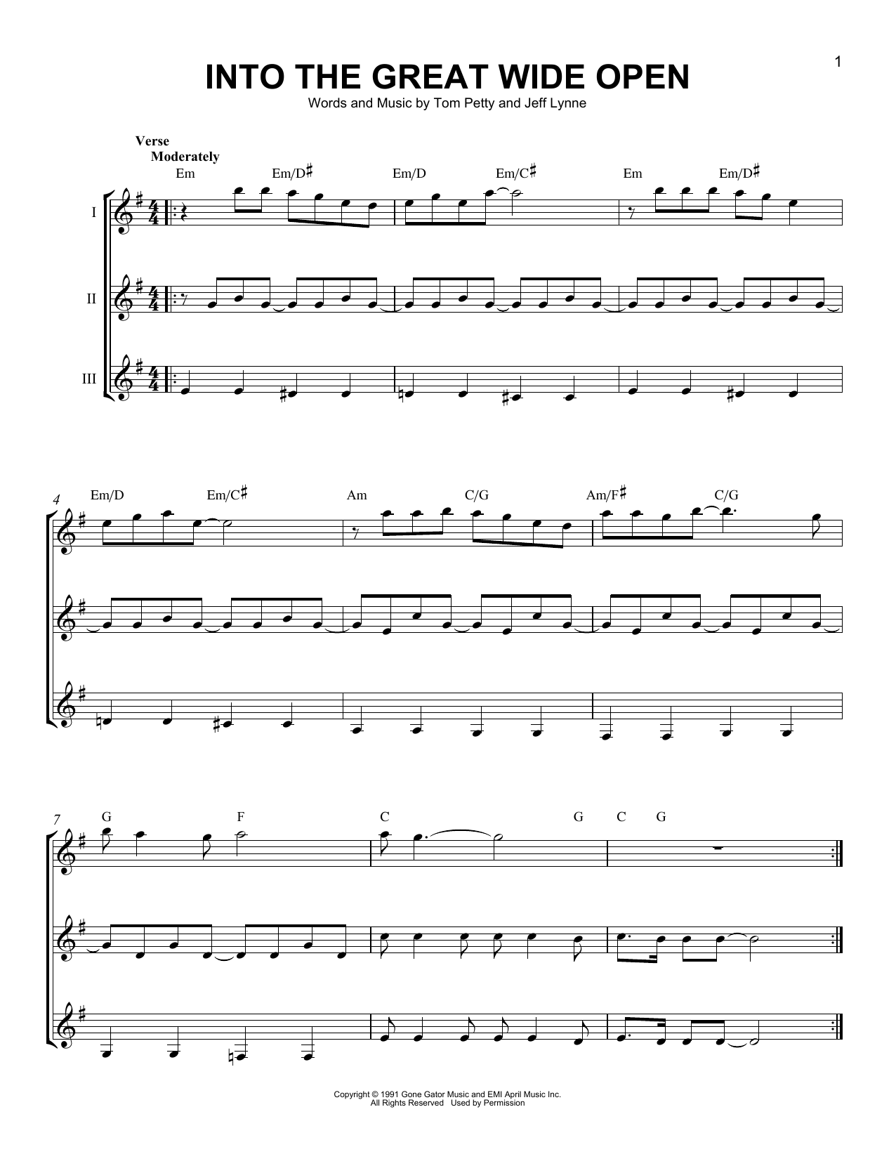 Download Tom Petty Into The Great Wide Open Sheet Music and learn how to play Guitar Ensemble PDF digital score in minutes