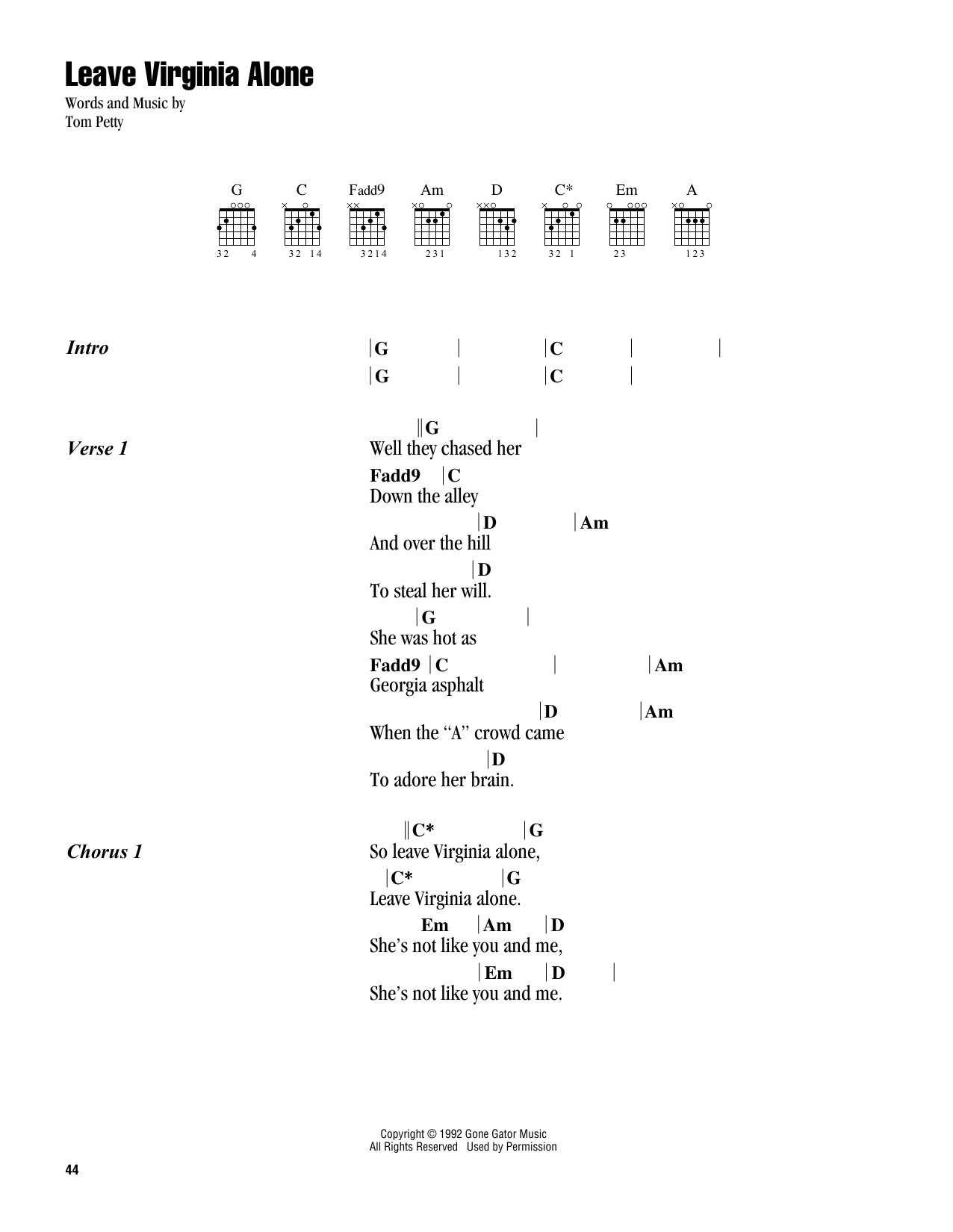 Download Tom Petty Leave Virginia Alone Sheet Music and learn how to play Guitar Chords/Lyrics PDF digital score in minutes